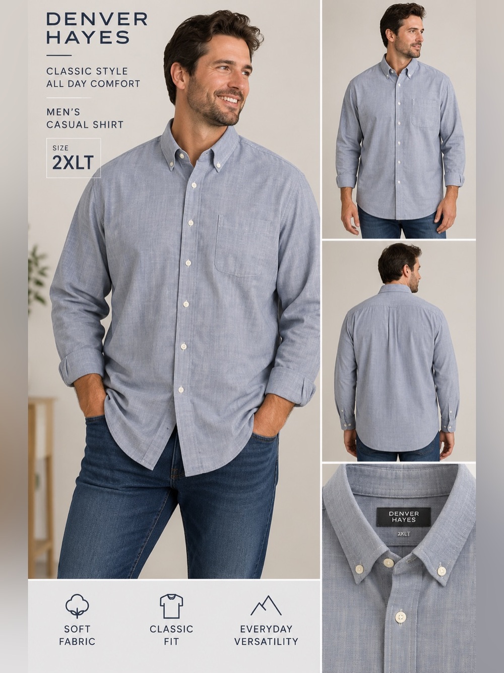 Denver Hayes Men's Button-Down Casual Shirt in Light Blue Chambray